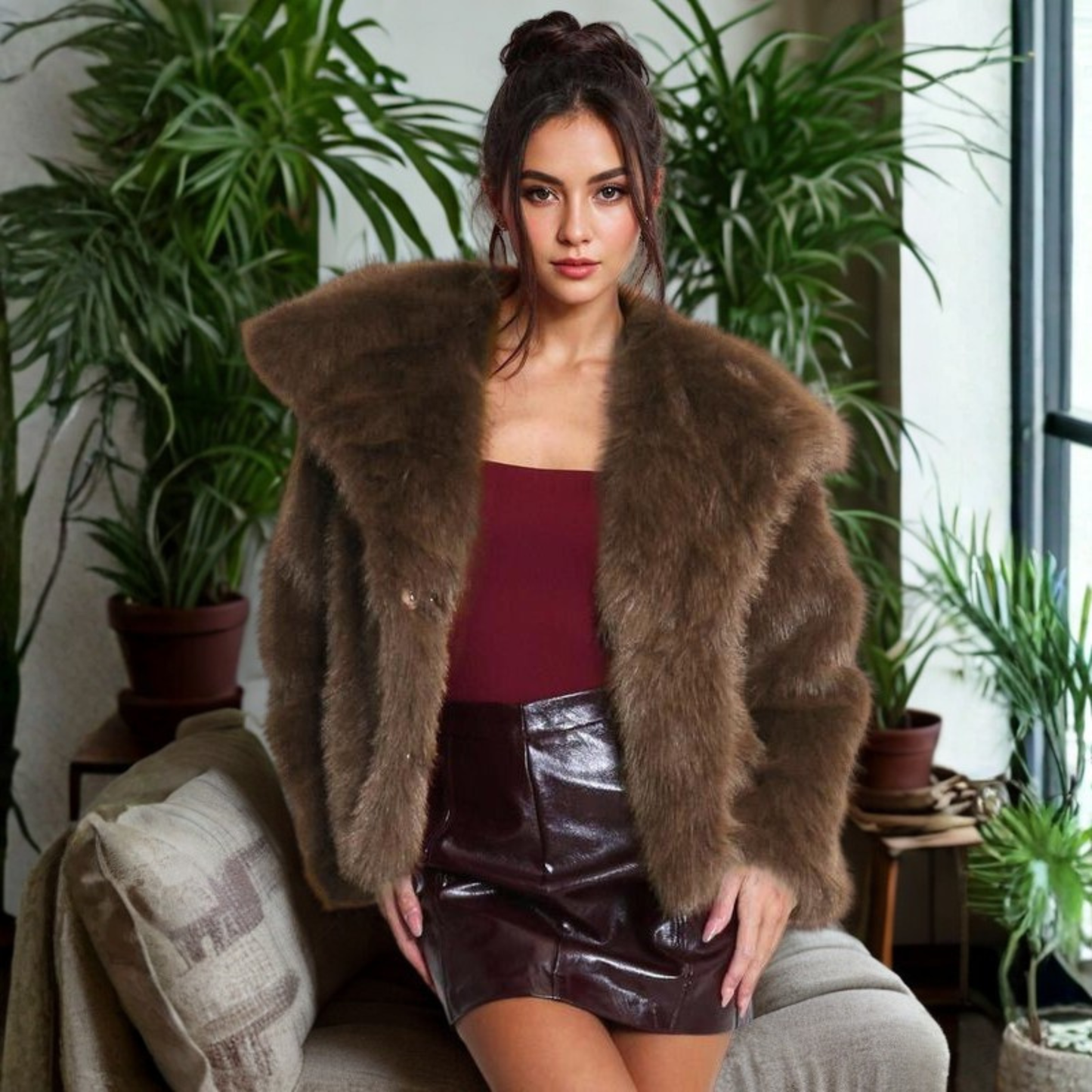 Corrine - Classy Long Sleeve Collared Fuzzy Coat