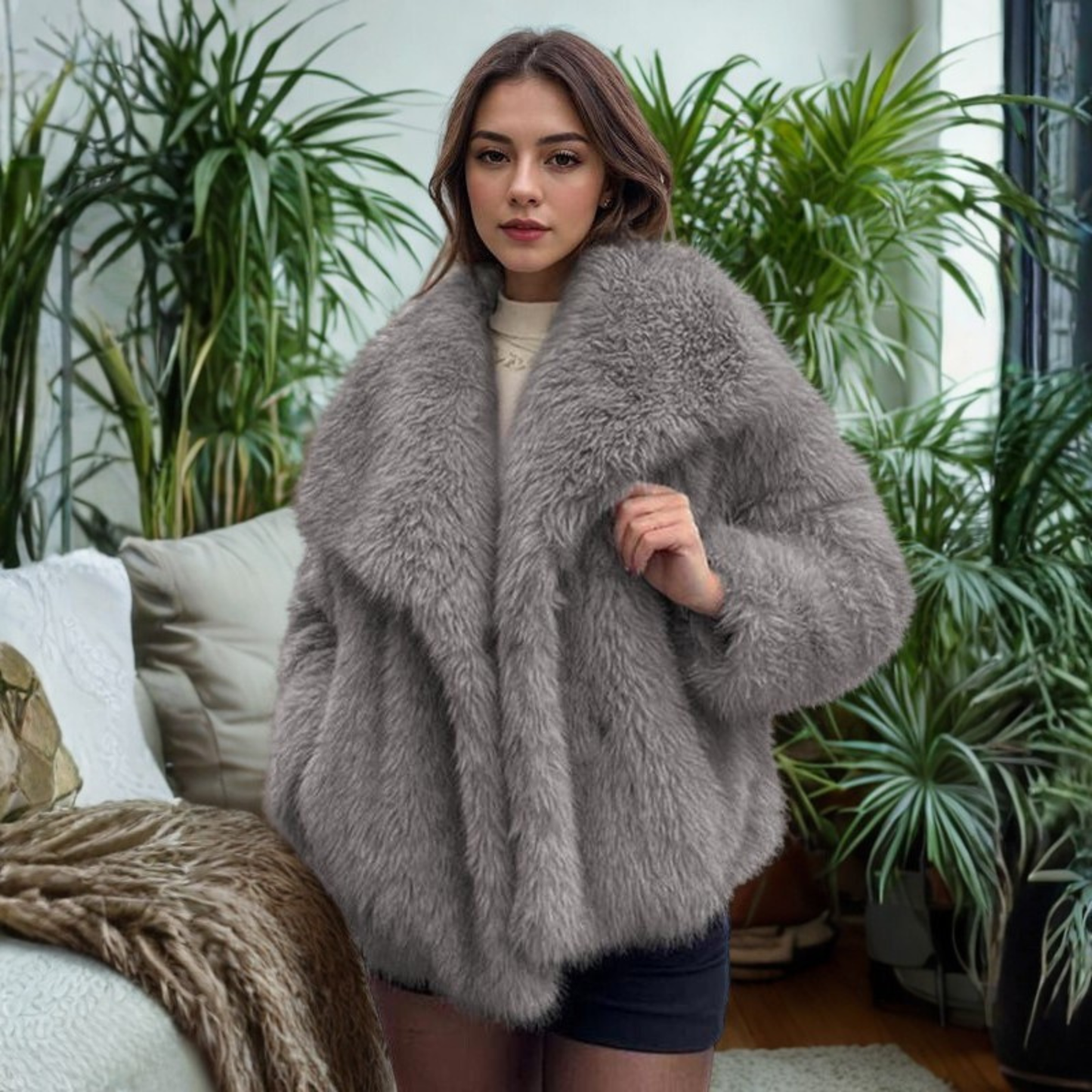 Corrine - Classy Long Sleeve Collared Fuzzy Coat