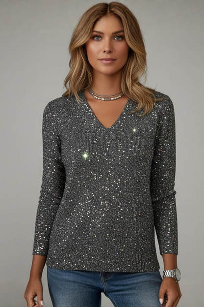 Samantha | Women’s Sequin V-Neck Long Sleeve Sweater