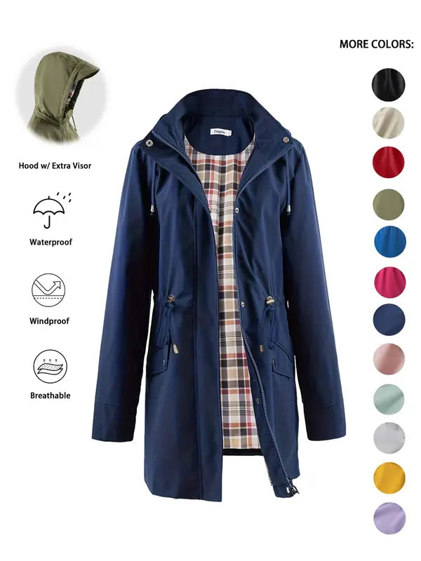 Qing - Casual Drawstring Zip Up Hooded Trench Coat