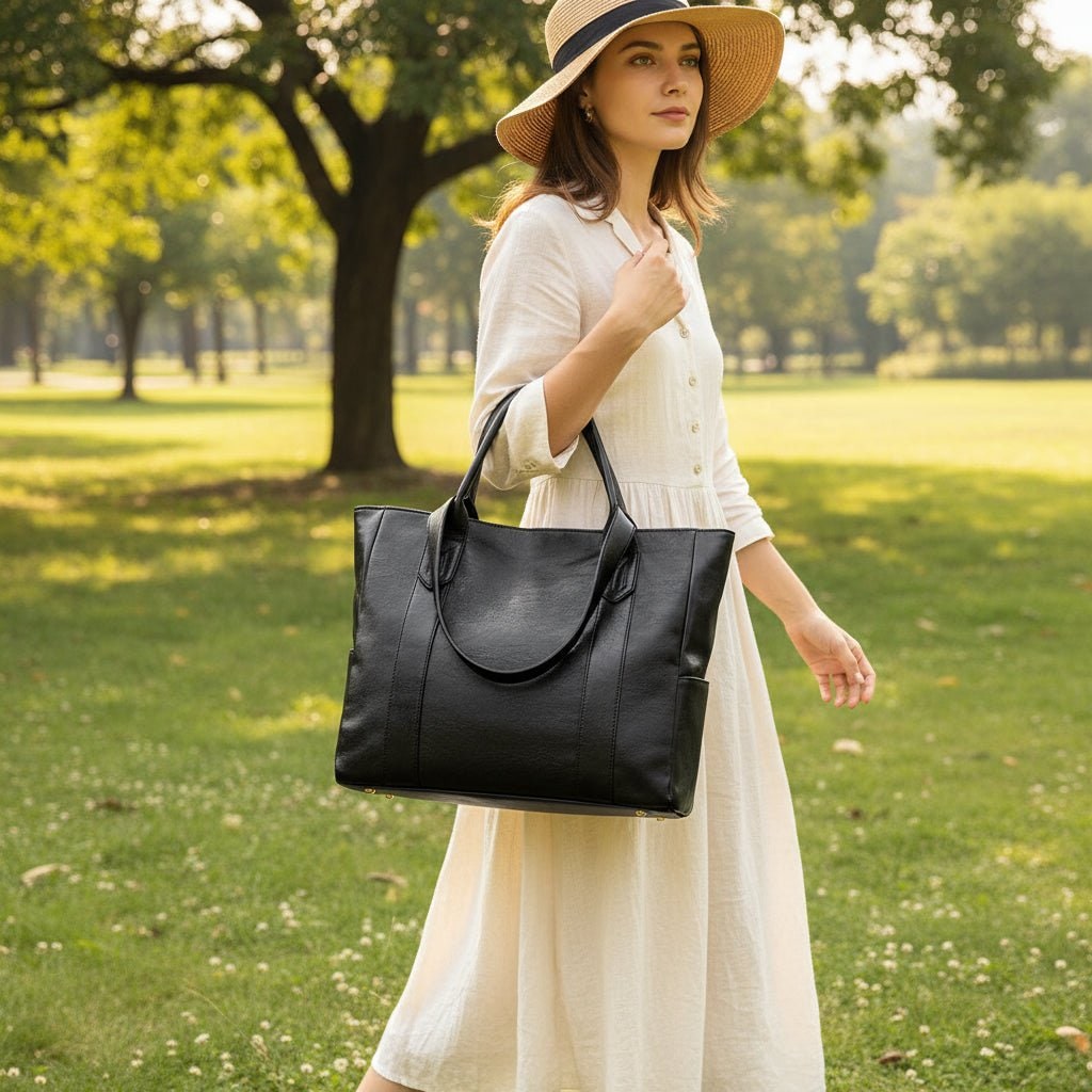 Tote Bag Faux Leather Shoulder Zip Pocket Work Handbag